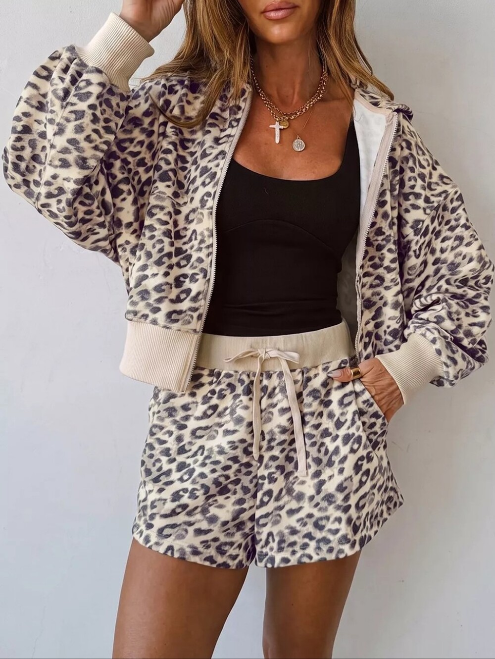 Leopard Print Zip-Up Hoodie and Shorts Set
